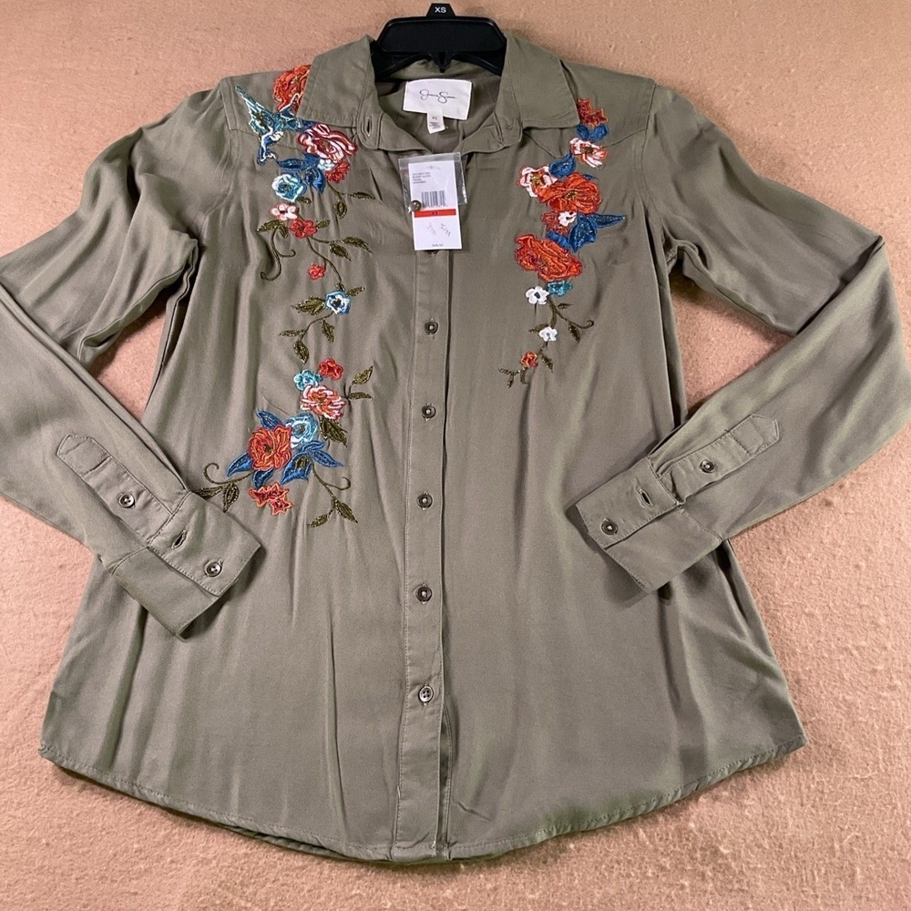 Jessica Simpson Burnt Olive Embroidered Floral Button Down Shirt XS New